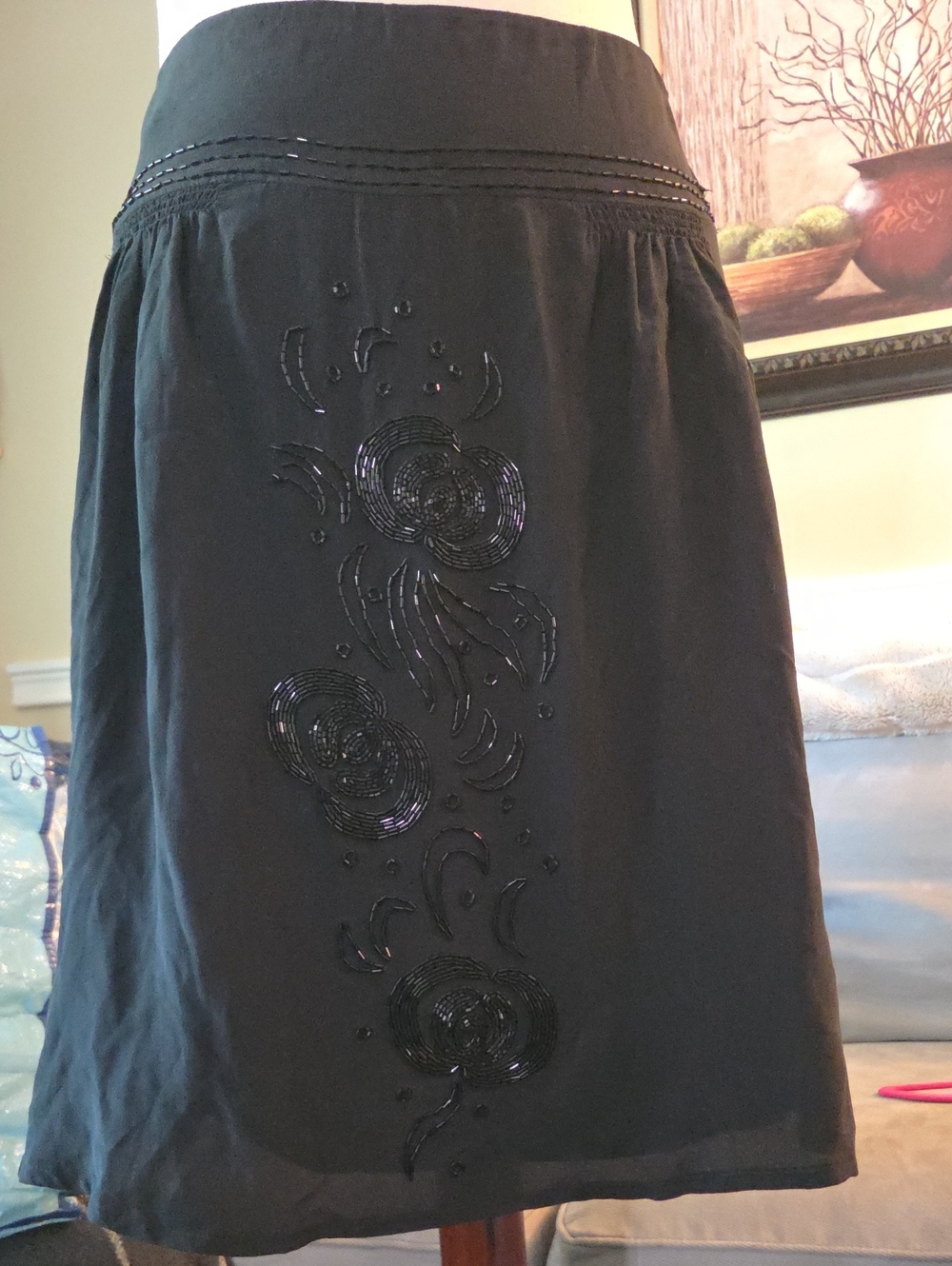 French Connection Black A-Line Skirt with Sequin Floral Detail